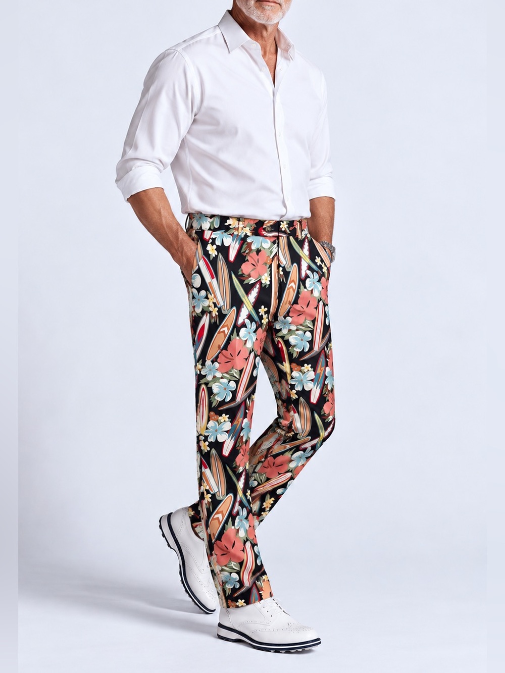 LOUDMOUTH Golf Pants Hawaiian Floral Surfboards Black Tropical Cruise Party